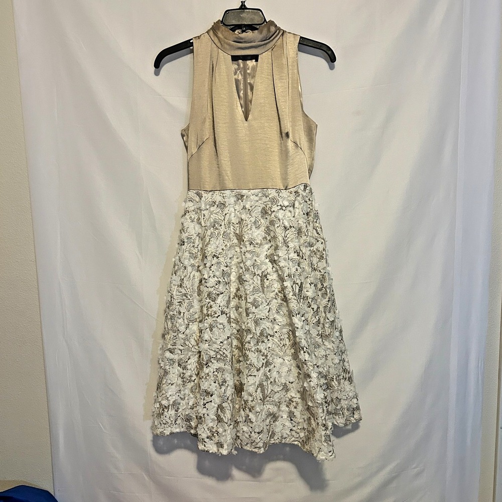 Cocktail Dress Satin Lace Flowers Halter Gold White House Black Market Size 6